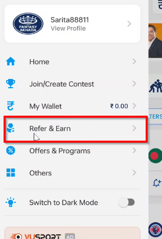 refer and earn option of the app