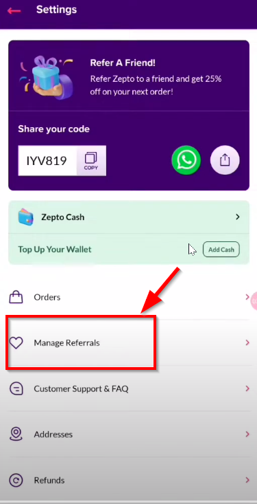 Manage referral option of the app