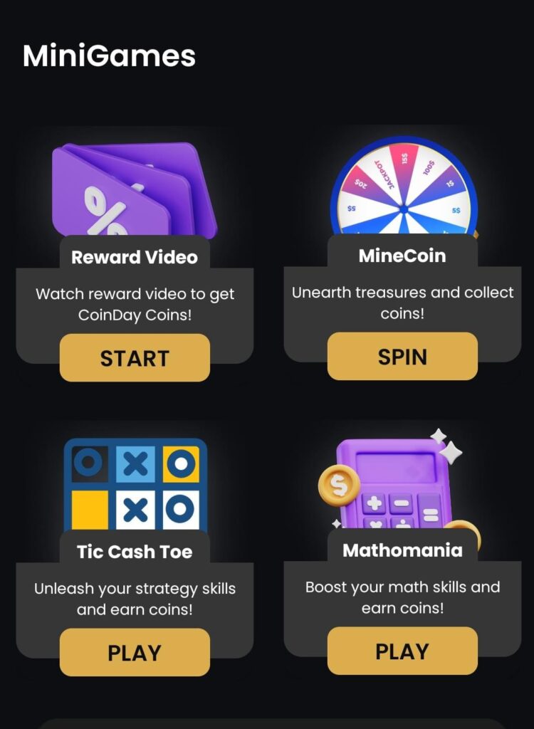 mini games option of the coinday app