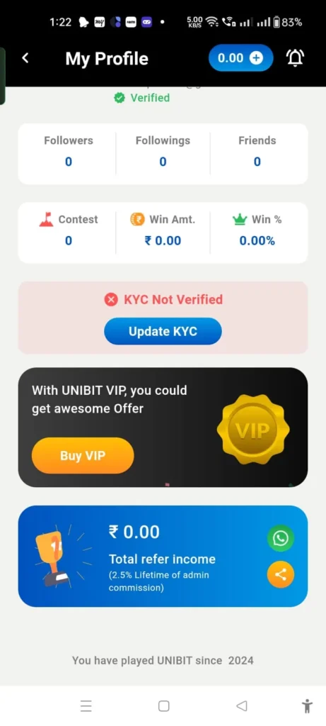 Refer and earn option of the app